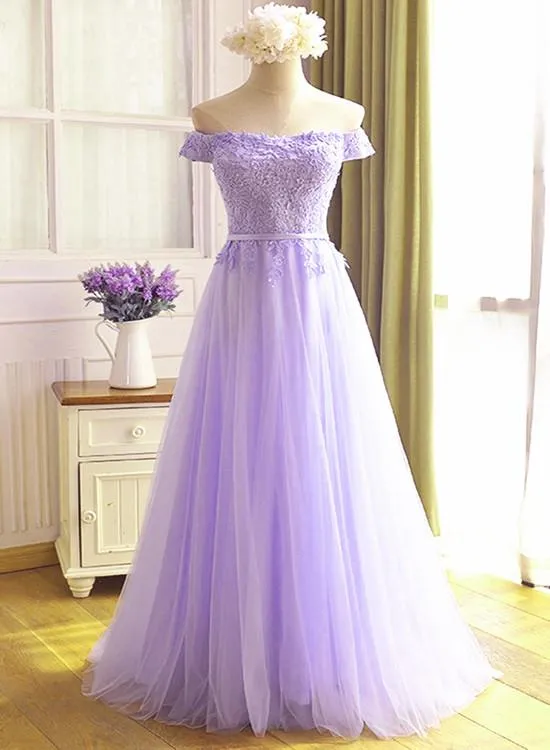 Beautiful Lavender Tulle Off Shoulder Party Dress, Light Purple Bridesmaid Dress