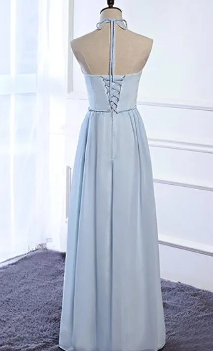 Beautiful Light Blue Simple Halter Chiffon Bridesmaid Dress, Bridesmaid Dress