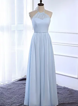 Beautiful Light Blue Simple Halter Chiffon Bridesmaid Dress, Bridesmaid Dress