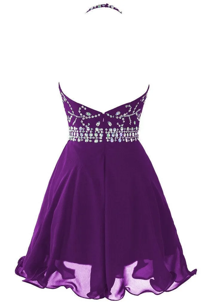 Beautiful Purple Chiffon Halter Beaded Homecoming Dress, Knee Length Party Dress