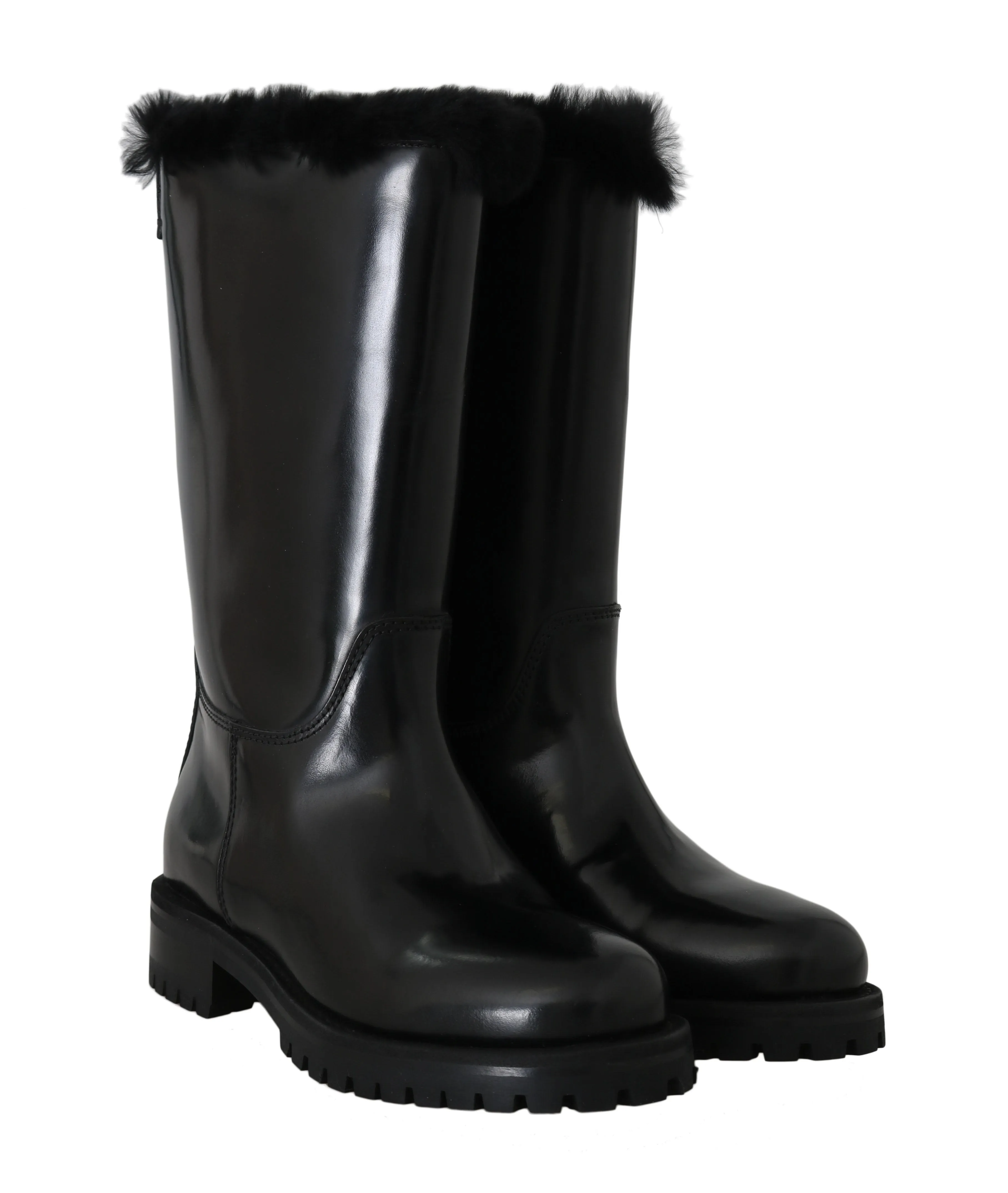 Black Leather Lapin Fur Boots