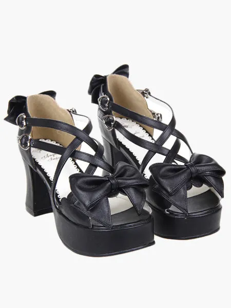 Black Lolita Heels Platform Crossing Straps Bow PU Lolita Shoes