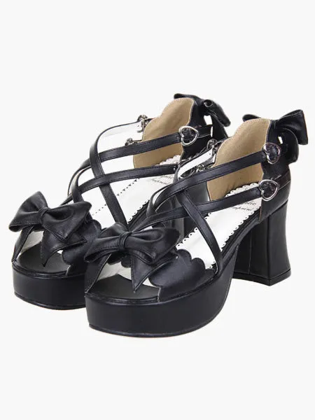 Black Lolita Heels Platform Crossing Straps Bow PU Lolita Shoes