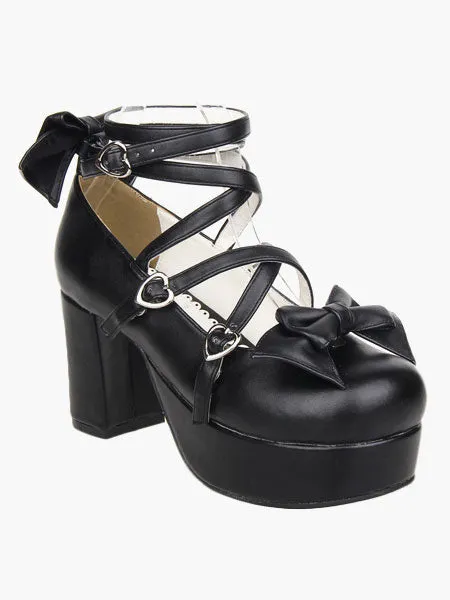 Black Platform Chunky Heels Lolita Shoes PU Ankle Straps Bow Decor Round Toe