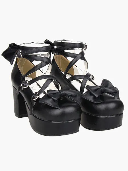 Black Platform Chunky Heels Lolita Shoes PU Ankle Straps Bow Decor Round Toe