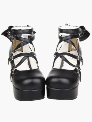 Black Platform Chunky Heels Lolita Shoes PU Ankle Straps Bow Decor Round Toe
