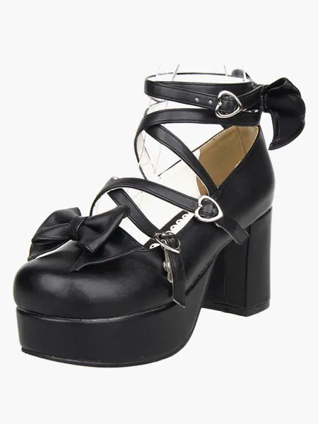 Black Platform Chunky Heels Lolita Shoes PU Ankle Straps Bow Decor Round Toe