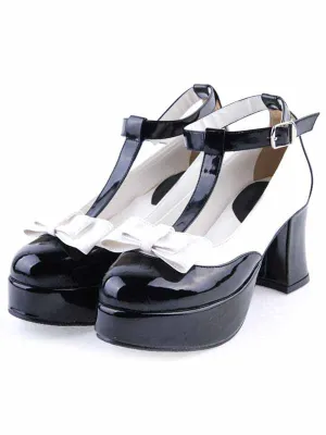 Black PU Leather T-strap Bow Lolita Shoes