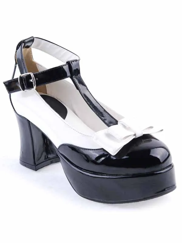Black PU Leather T-strap Bow Lolita Shoes