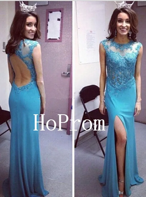 Blue Applique Prom Dresses,Beading Prom Dress,Evening Dress