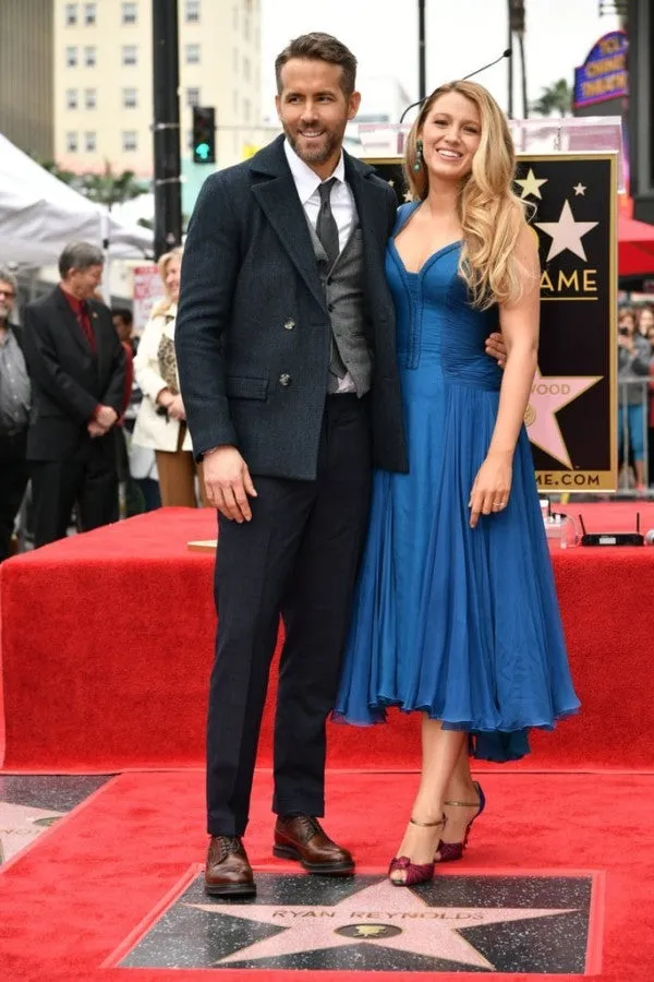Blue Blake Lively Chiffon Prom Red Carpet Dress Hollywood Walk of Fame