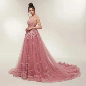Blush A line Prom Dresses Backless Long Train Lace Appliques Evening Dress
