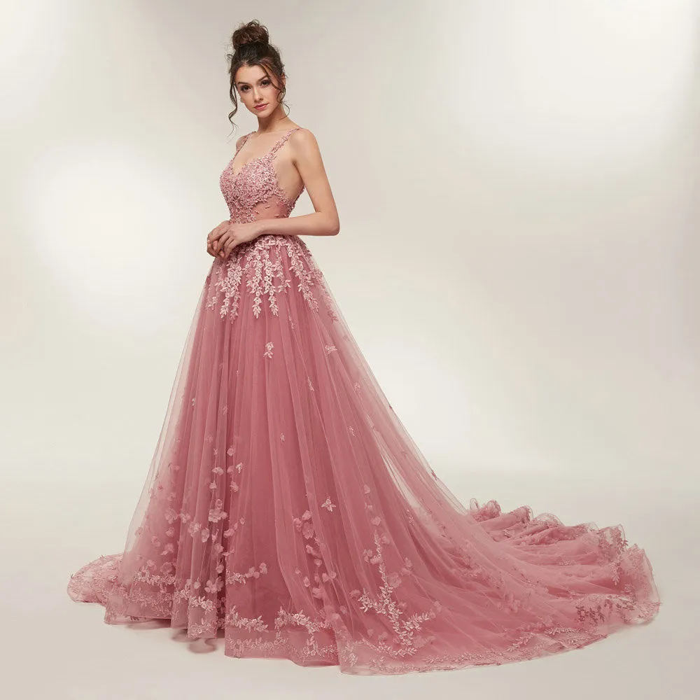 Blush A line Prom Dresses Backless Long Train Lace Appliques Evening Dress