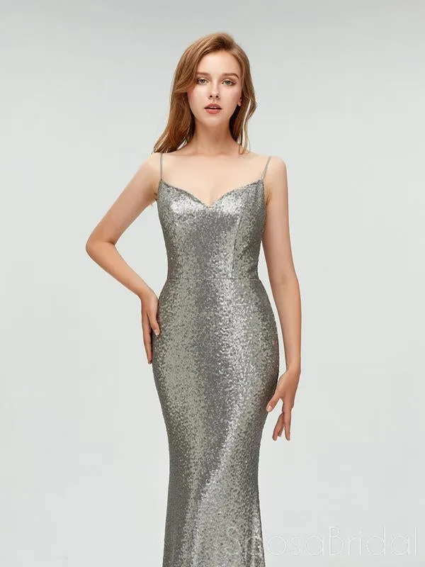 Charming Sexy Spaghetti Straps Cheap Silver Red Sequins Mermaid Long Prom Dresses, PD0978
