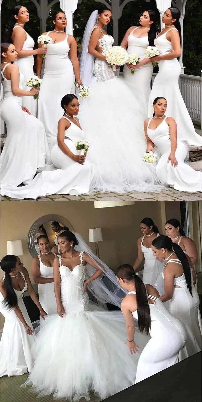 Cheap Modest Sexy Unique Mermaid Spaghetti Straps Elegant Formal  White Bridesmaid Dresses, WG269