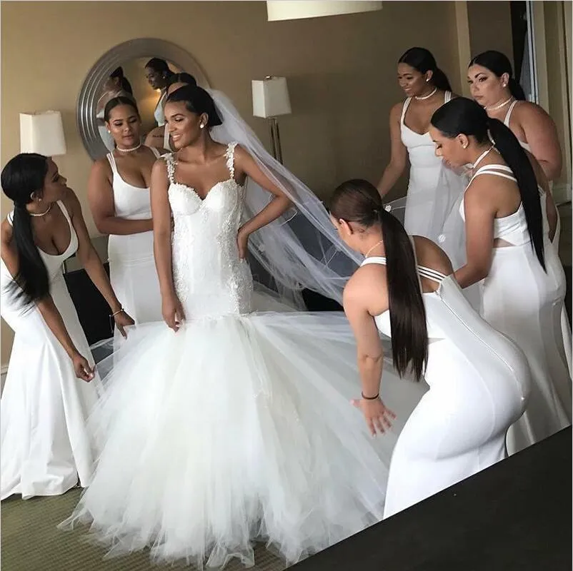 Cheap Modest Sexy Unique Mermaid Spaghetti Straps Elegant Formal  White Bridesmaid Dresses, WG269