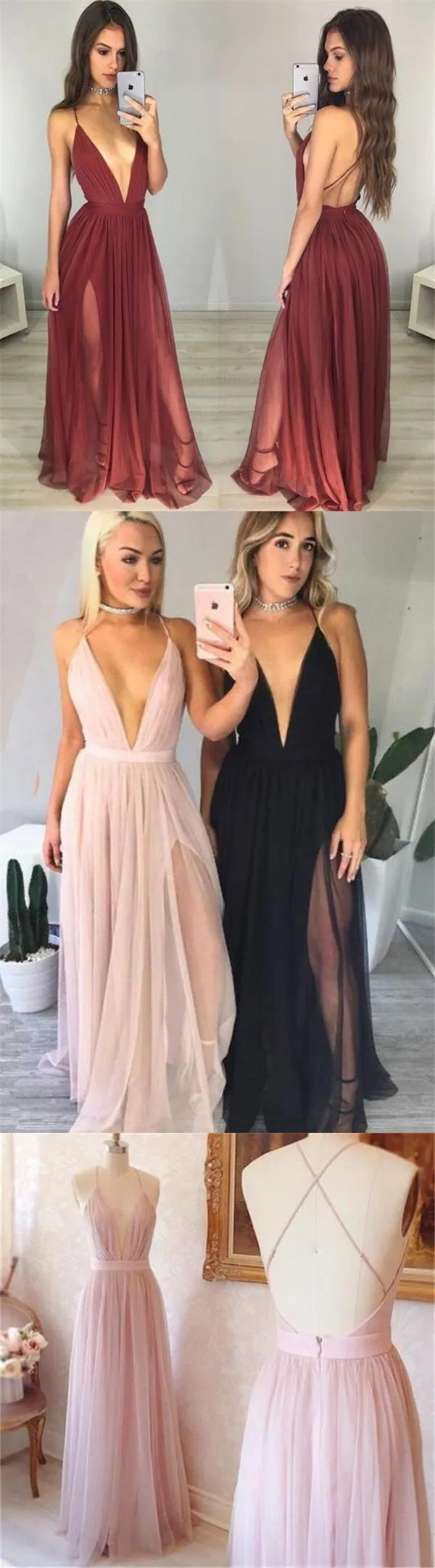 Cheap Simple Unique Design Deep V Neck Spaghetti Straps Pretty Prom Dress , PD0329