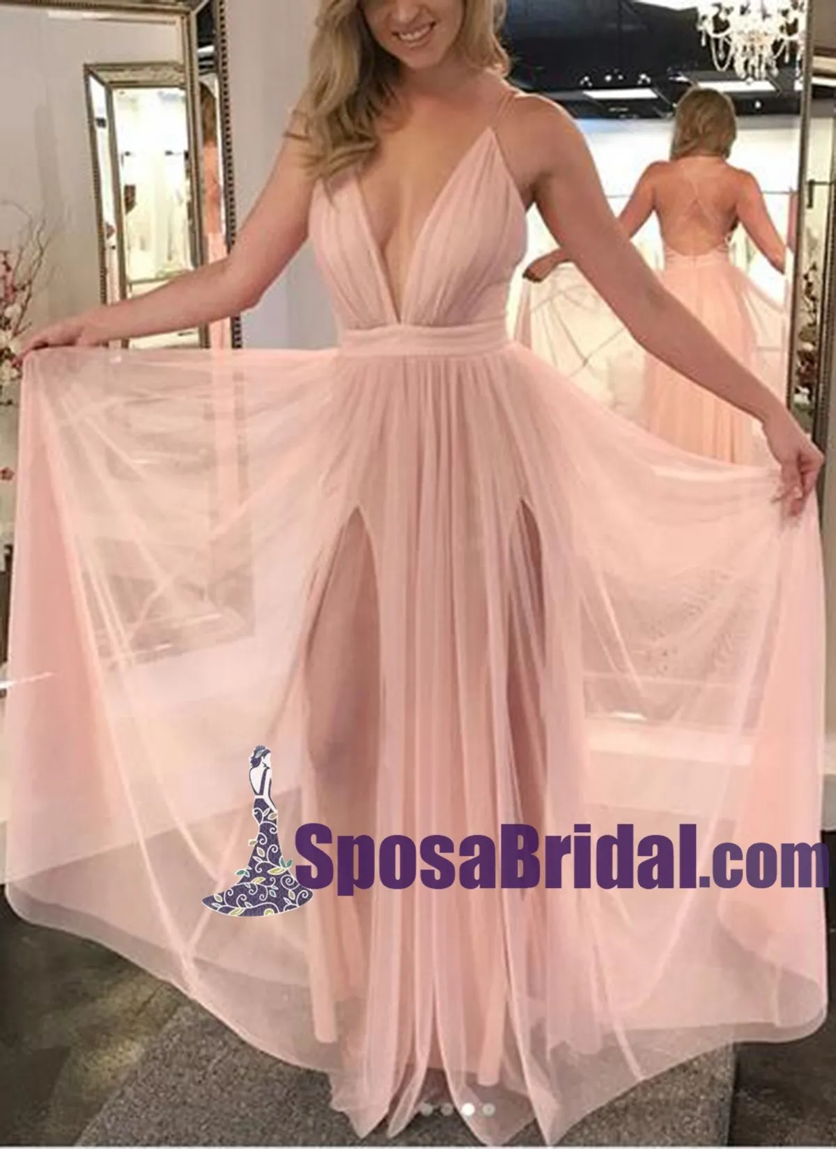 Cheap Simple Unique Design Deep V Neck Spaghetti Straps Pretty Prom Dress , PD0329