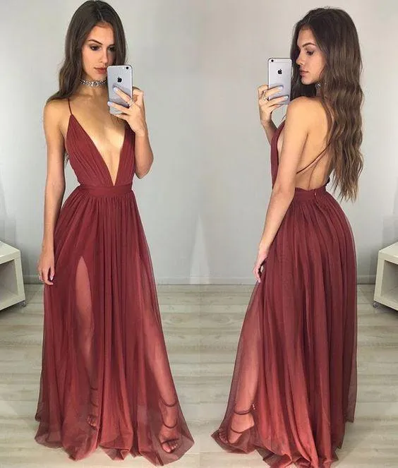 Cheap Simple Unique Design Deep V Neck Spaghetti Straps Pretty Prom Dress , PD0329
