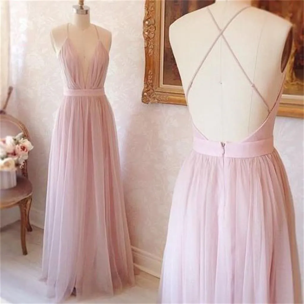 Cheap Simple Unique Design Deep V Neck Spaghetti Straps Pretty Prom Dress , PD0329