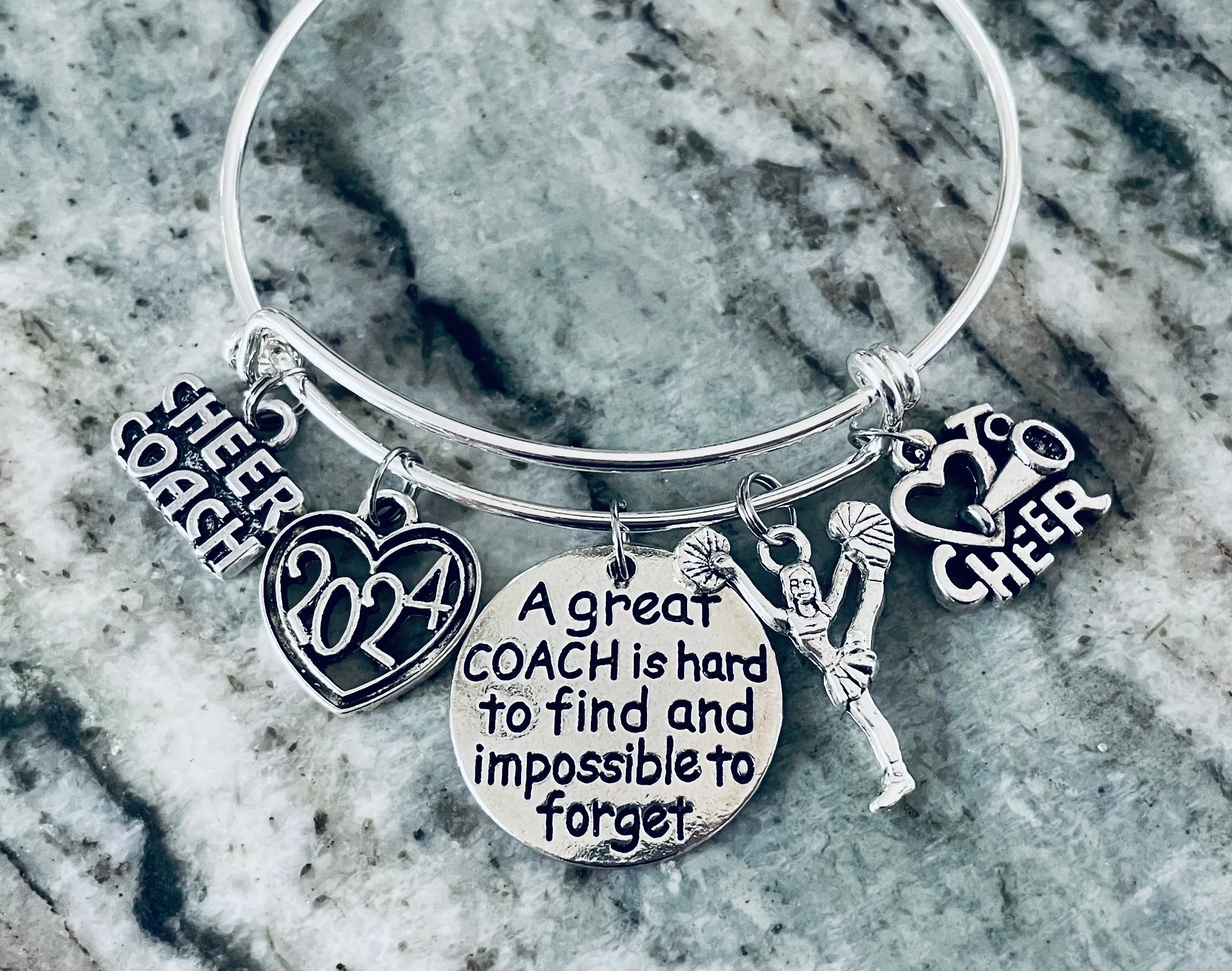 Cheer Coach Charm Bracelet Expandable Cheerleader Coach Adjustable Silver Bangle One Size Fits All Gift