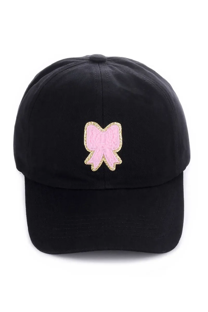 Chenille Coquette Bow Black Baseball Cap