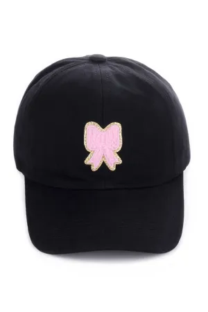 Chenille Coquette Bow Black Baseball Cap