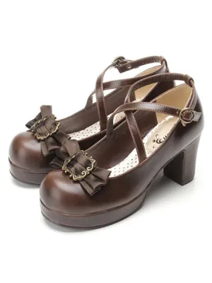 Classical Lolita Shoes Ribbon Bow Lolita Chunky Square Heels Shoes With Ankle Strap