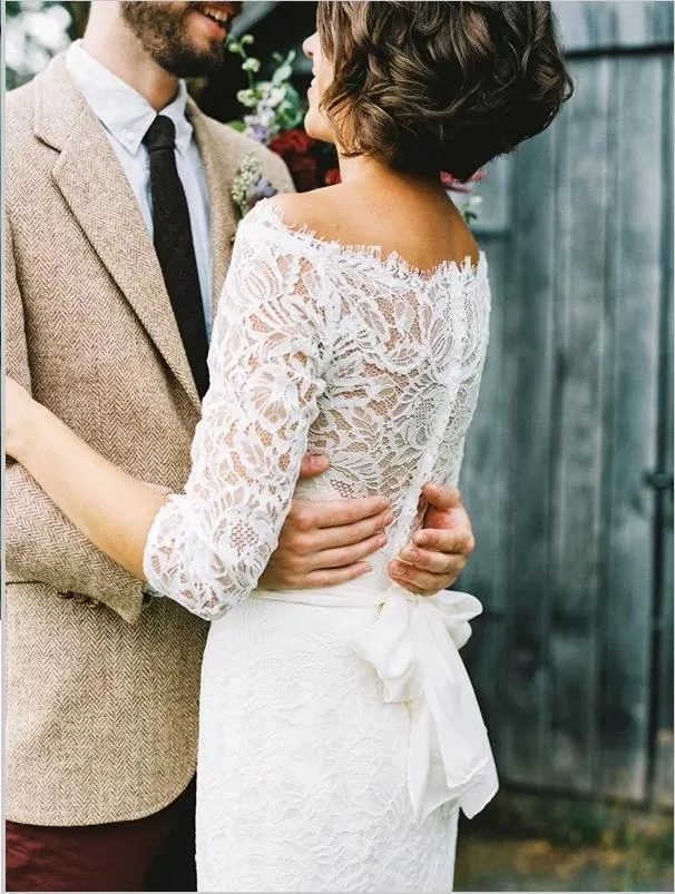 Column Lace 3/4 Sleeves Off Shoulder Wedding Dresses With Bowknot