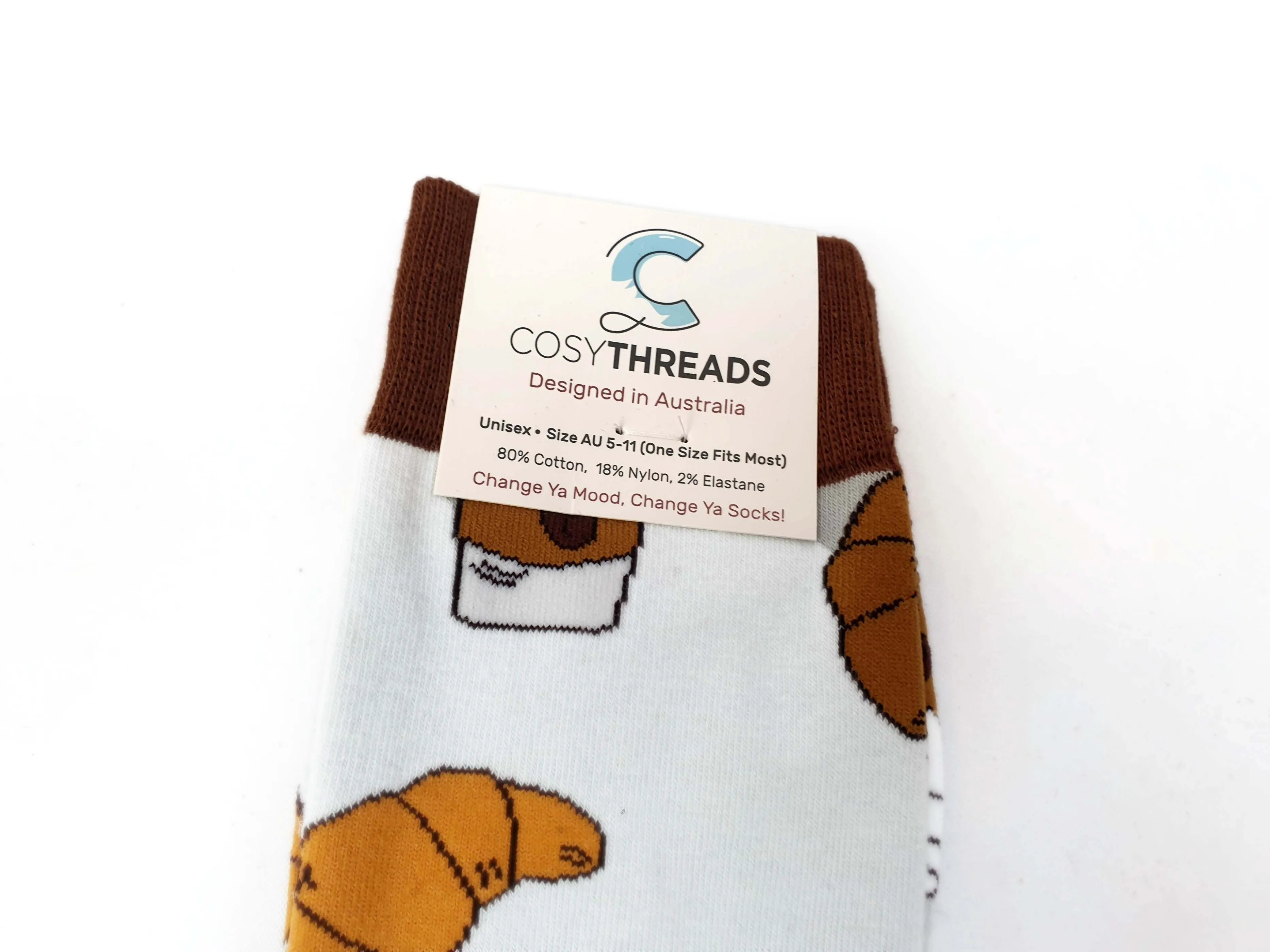 CosyThreads croissant and coffee print socks size AU5-11