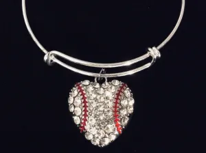 Crystal Heart Shaped Baseball Jewelry Rhinestone Adjustable Charm Bracelet Silver Expandable Bangle One Size Fits All Gift
