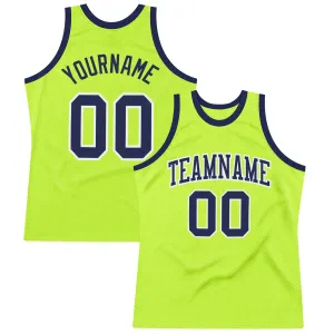 Custom Neon Green Navy-White Authentic Throwback Basketball Jersey