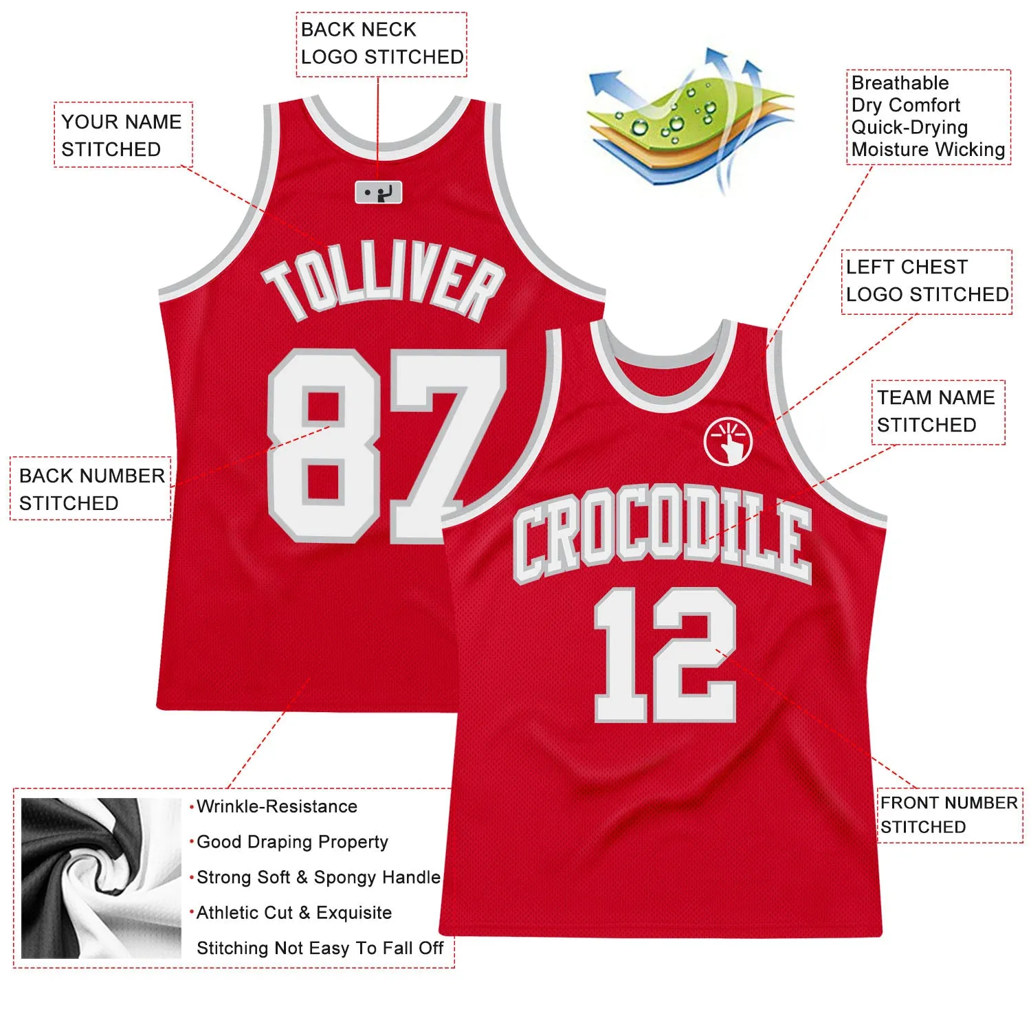 Custom Red White-Gray Authentic Throwback Basketball Jersey