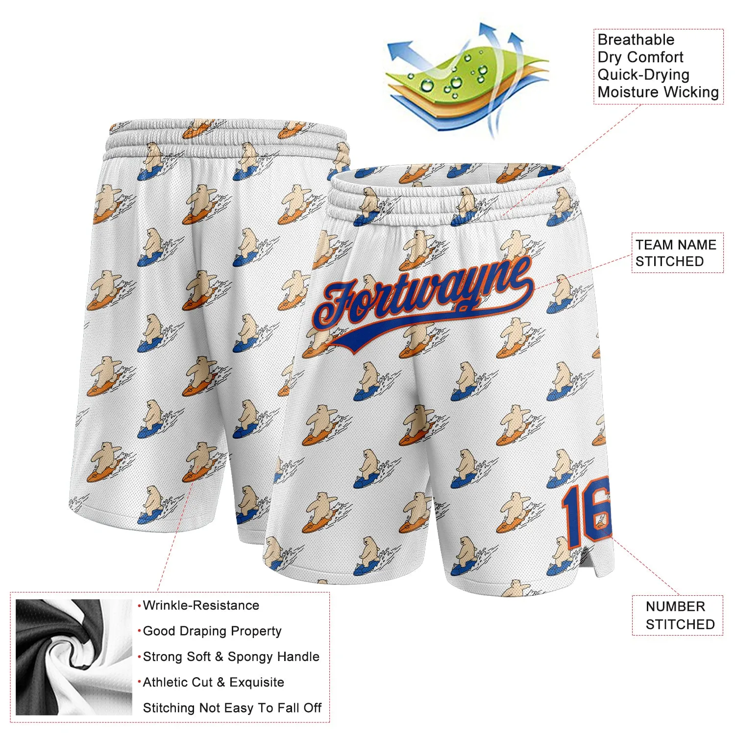 Custom White Royal-Orange 3D Pattern Bears Surfing Authentic Basketball Shorts