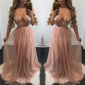 Deep V Neck Long Prom Dresses Split Sequin Tulle Backless Evening Dresses