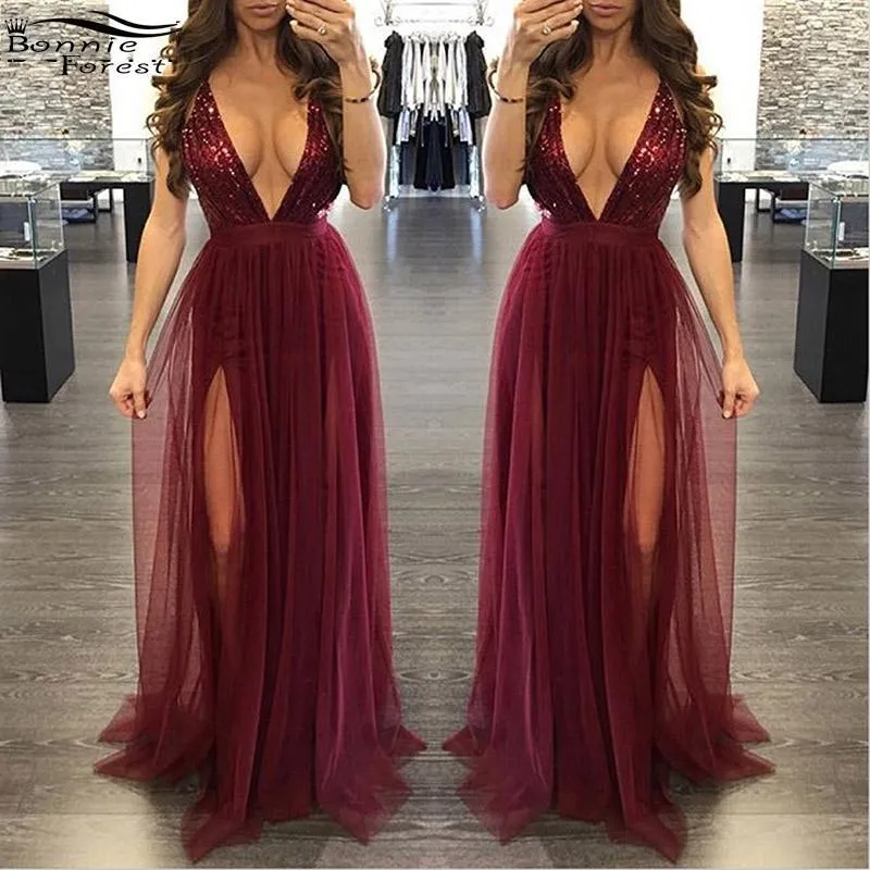 Deep V Neck Long Prom Dresses Split Sequin Tulle Backless Evening Dresses