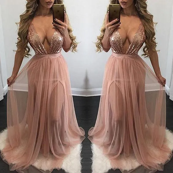 Deep V Neck Long Prom Dresses Split Sequin Tulle Backless Evening Dresses