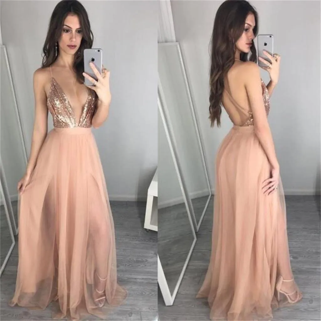 Deep V Neck Long Prom Dresses Split Sequin Tulle Backless Evening Dresses