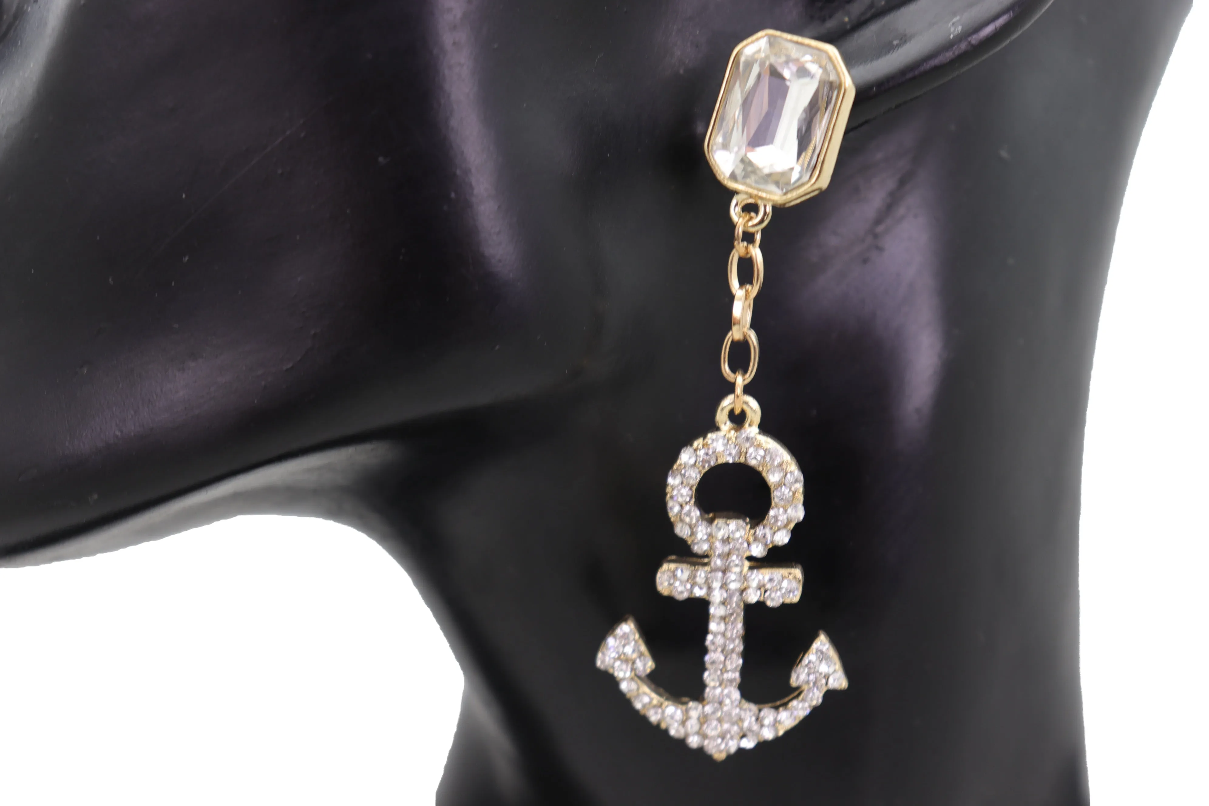 Earring Set Elegant Gold Metal Anchor Nautical Bling Charm