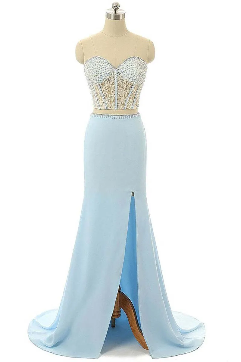 Elegant Mermaid Sweetheart Chiffon Sweep Train Split Front Light Sky Blue Prom Dress OK621