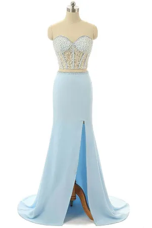 Elegant Mermaid Sweetheart Chiffon Sweep Train Split Front Light Sky Blue Prom Dress OK621