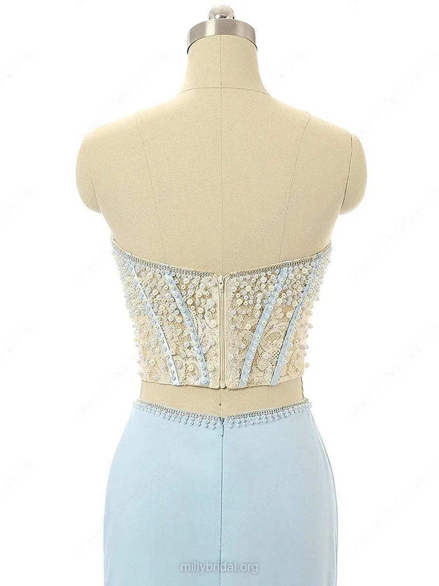Elegant Mermaid Sweetheart Chiffon Sweep Train Split Front Light Sky Blue Prom Dress OK621