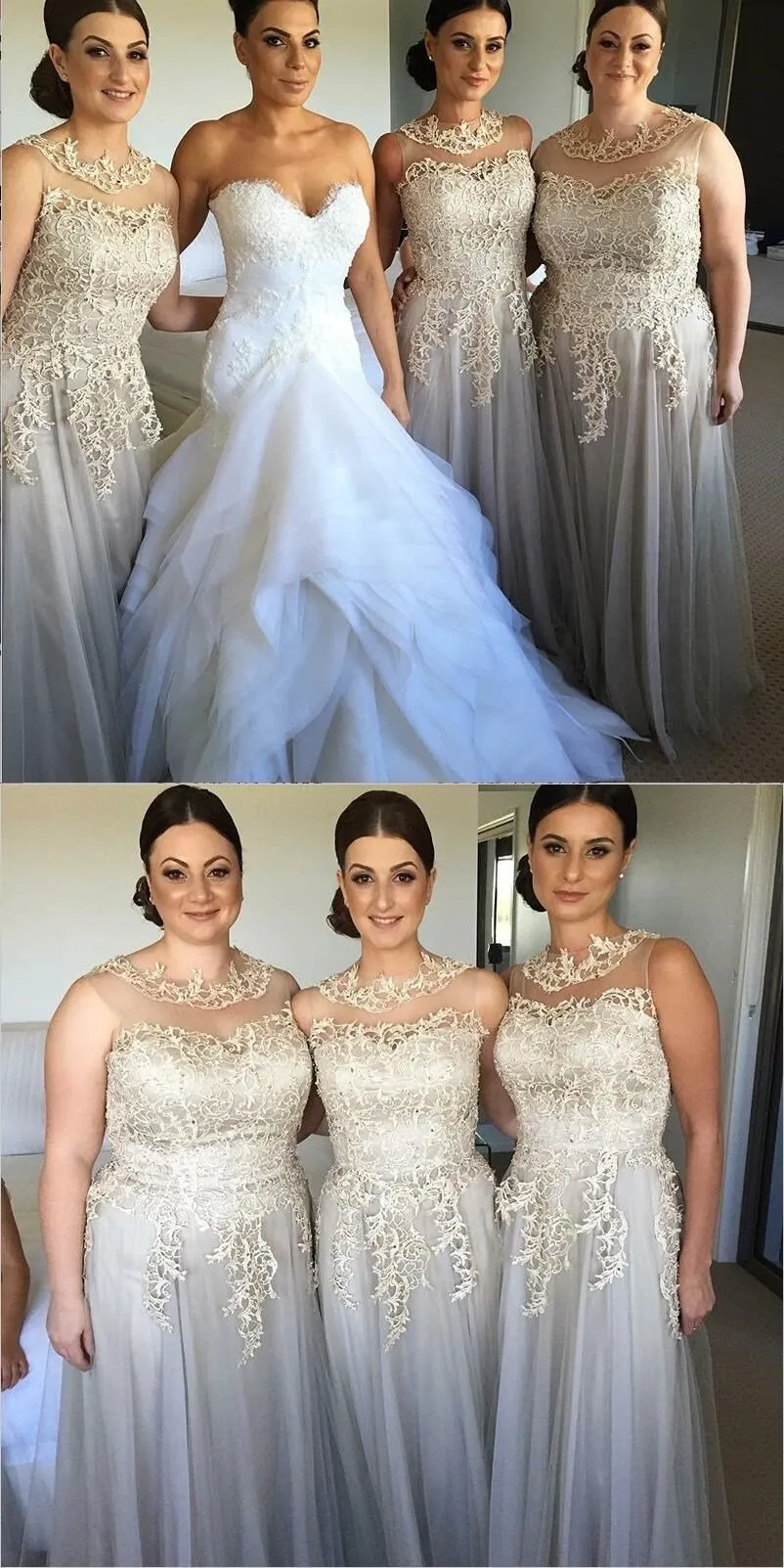 Elegant Modest Unique Design Round Neck Long Grey Tulle and Lace Bridesmaid Dresses for wedding guest , WG274