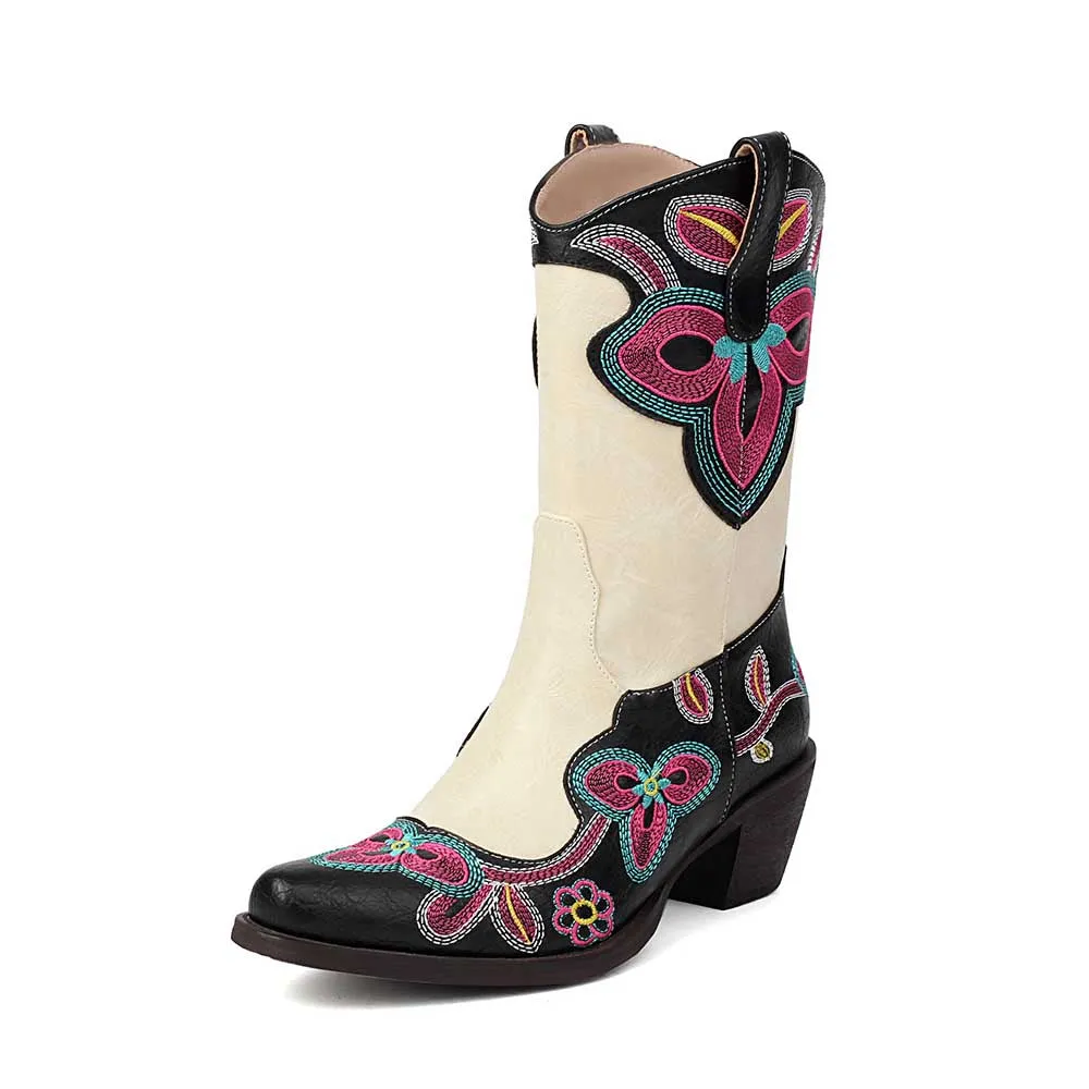 Embroidery boots for women casual mid-calf dress boots