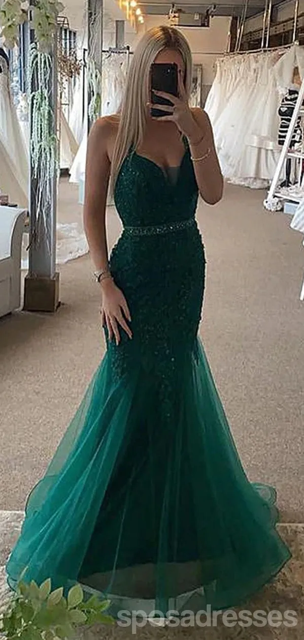 Emerald Green Mermaid Spaghetti Straps V-neck Cheap Long Prom Dresses,12862