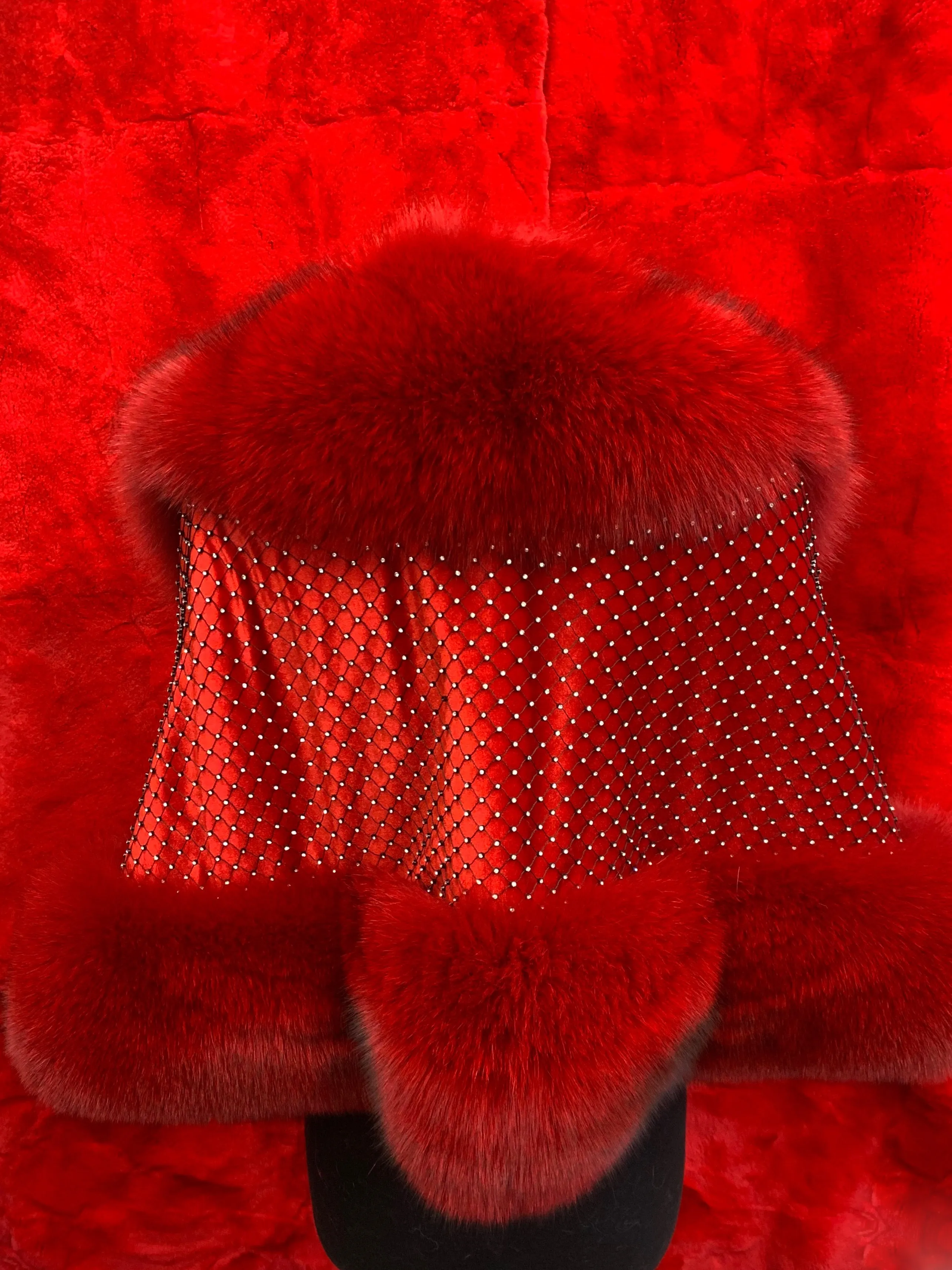 Fallon Aurielle Fox Fur Crystal Shawl (Navy Blue, Red & Black)