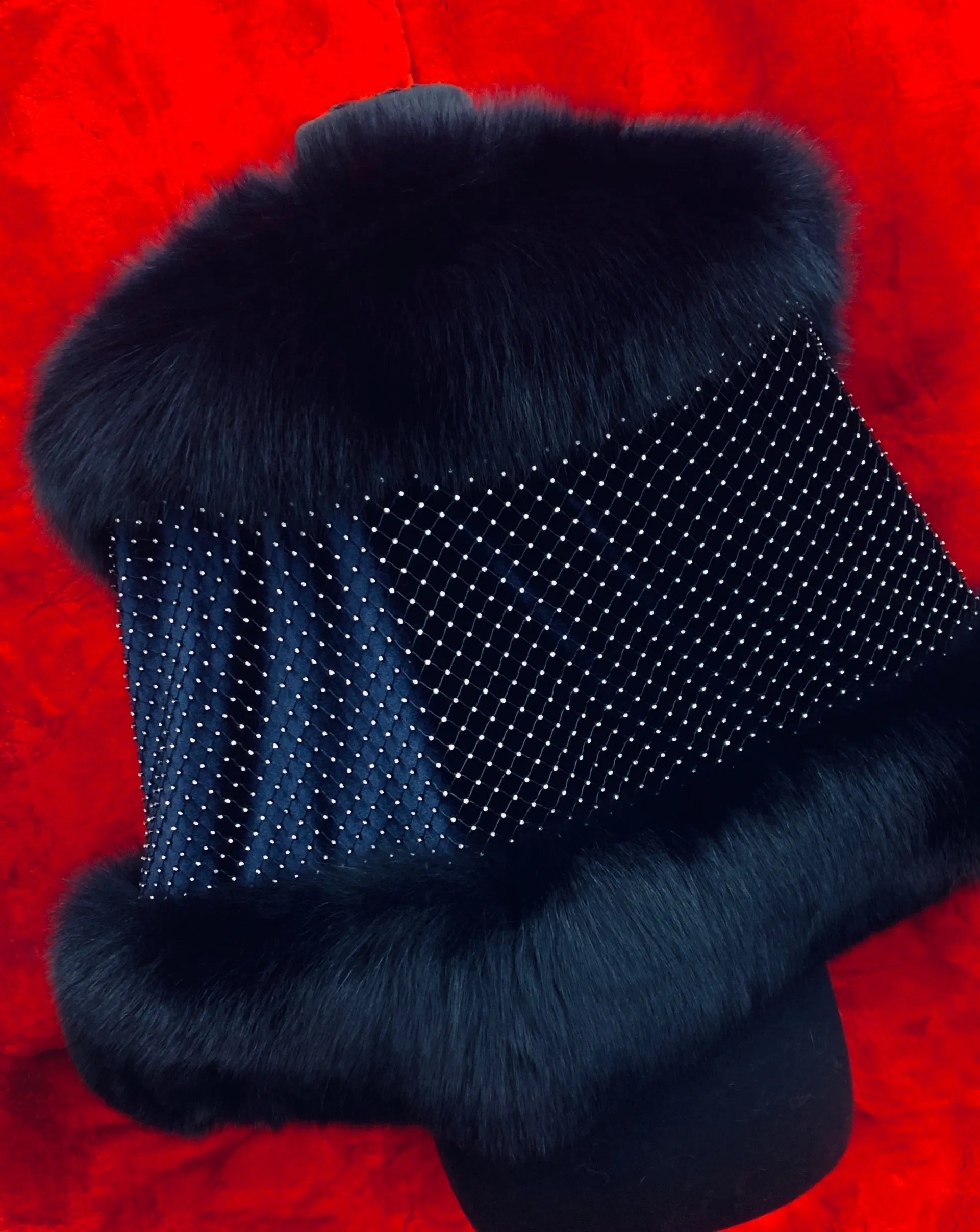 Fallon Aurielle Fox Fur Crystal Shawl (Navy Blue, Red & Black)
