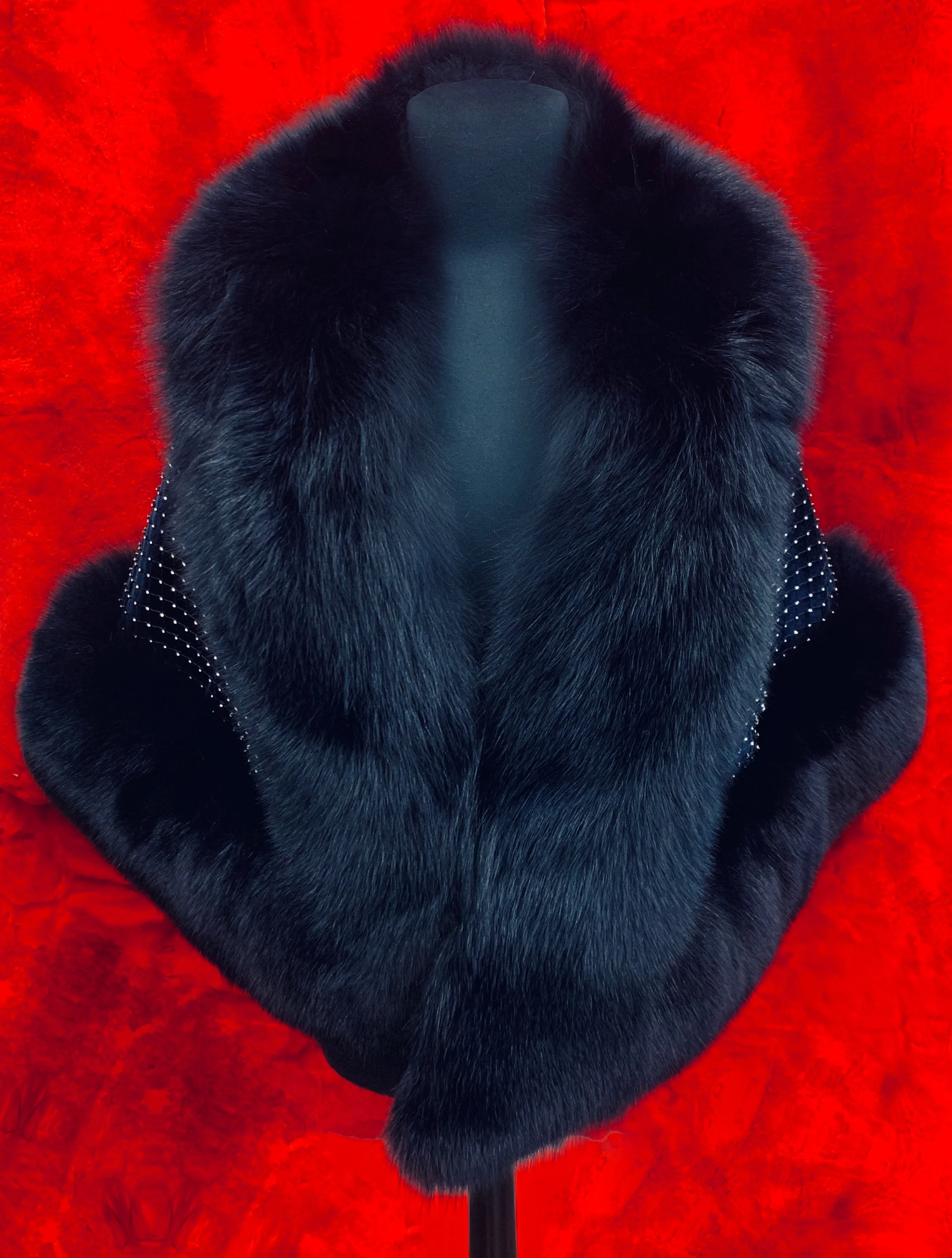Fallon Aurielle Fox Fur Crystal Shawl (Navy Blue, Red & Black)