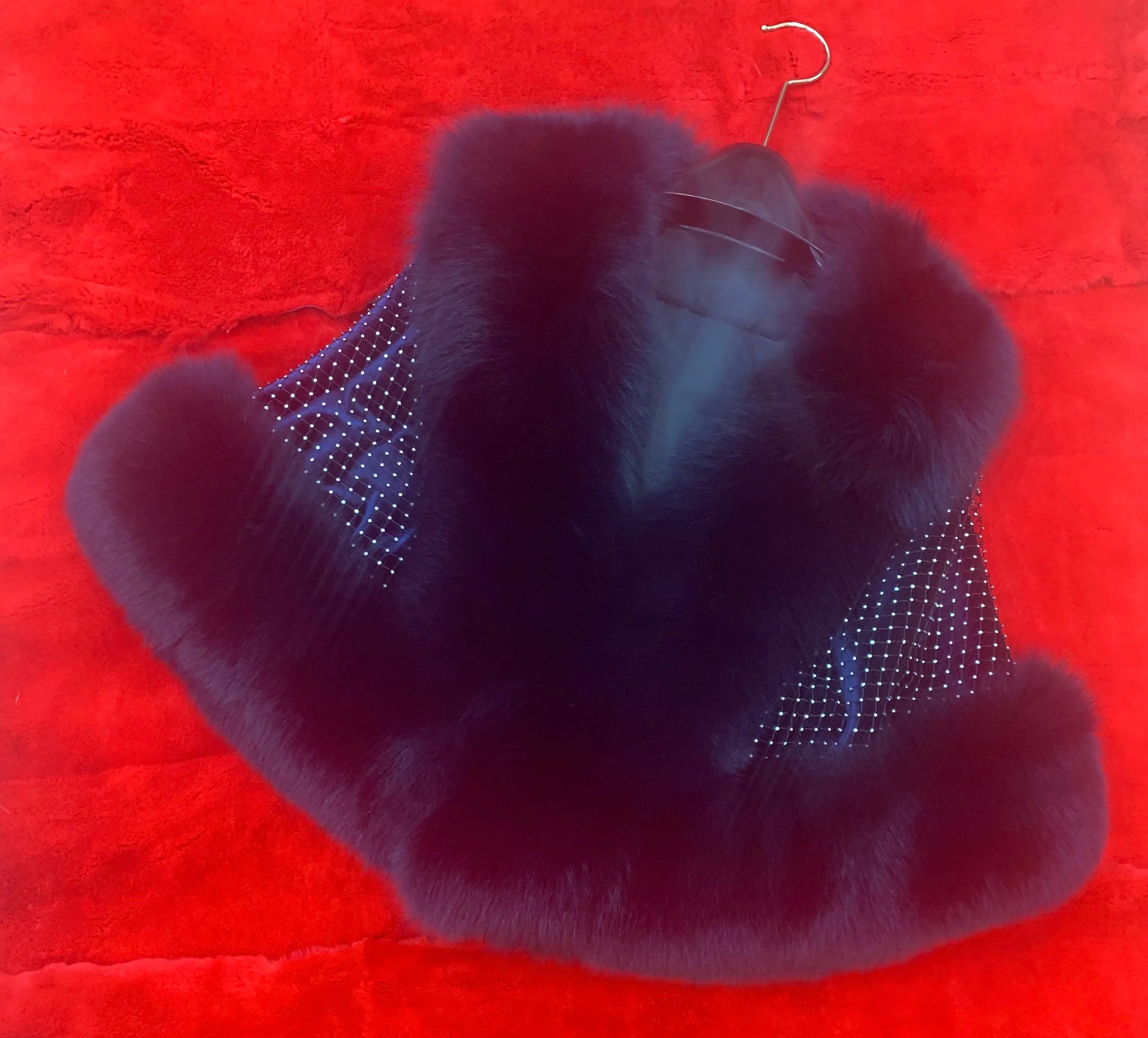 Fallon Aurielle Fox Fur Crystal Shawl (Navy Blue, Red & Black)