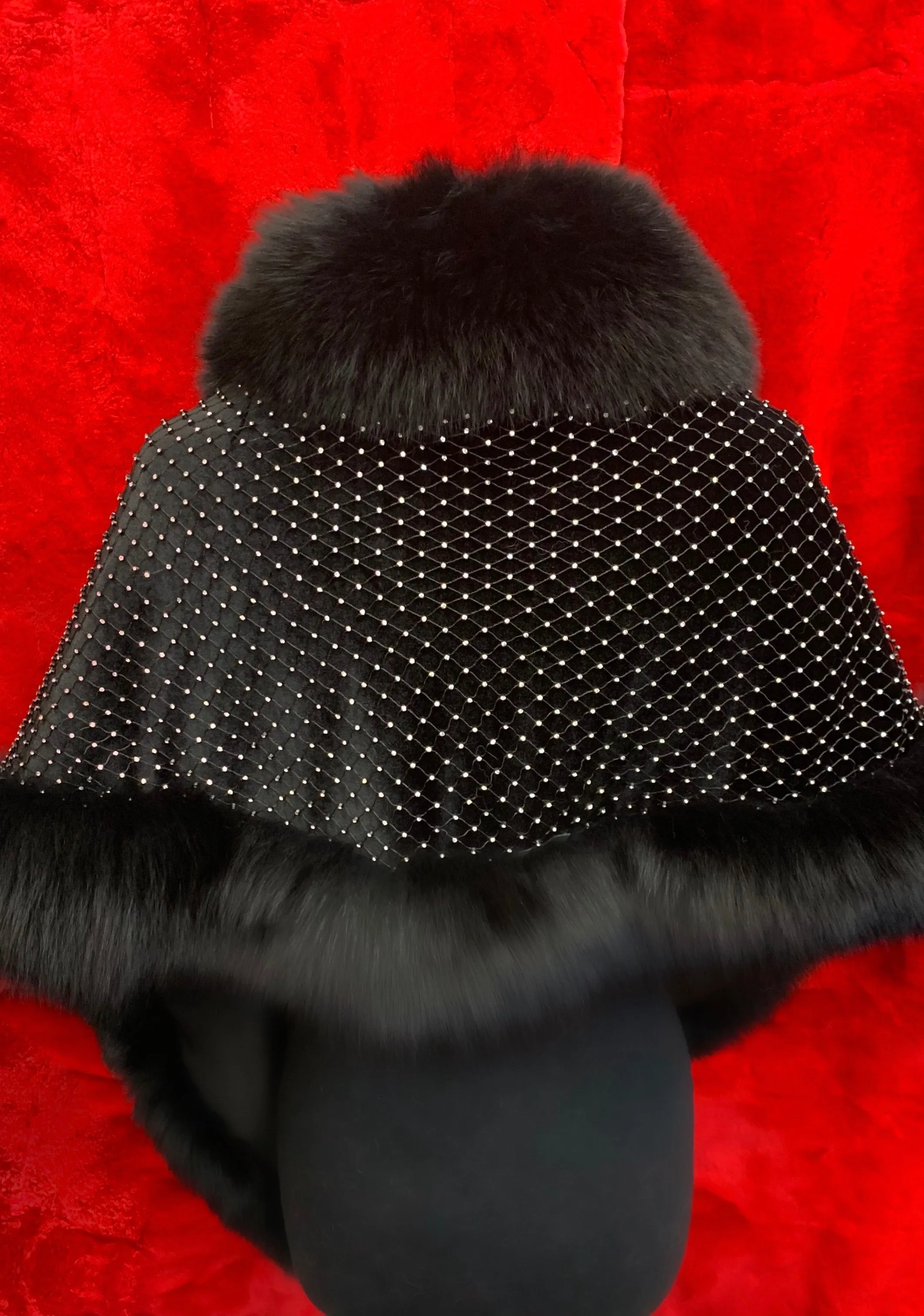 Fallon Aurielle Fox Fur Crystal Shawl (Navy Blue, Red & Black)